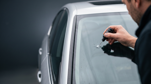 Applying Haxvenora GlassFix resin to a stone chip on a car windshield