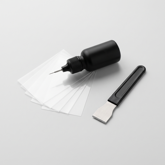 Haxvenora GlassFix windshield repair kit: resin applicator, curing films and razor blade
